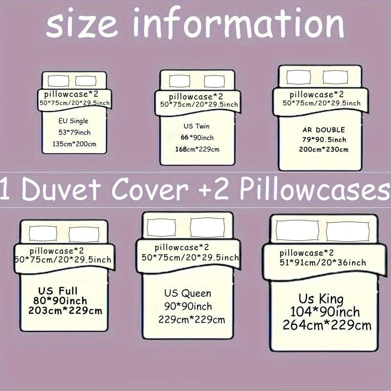 Duvet cover set size information chart for EU Single, US Twin, AR Double, US Full, US Queen, and US King.