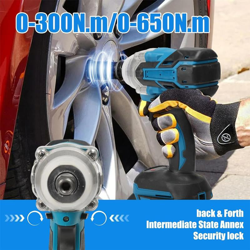 Cordless impact wrench 21V, brushless high torque power tool in use tightening car wheel lug nuts.