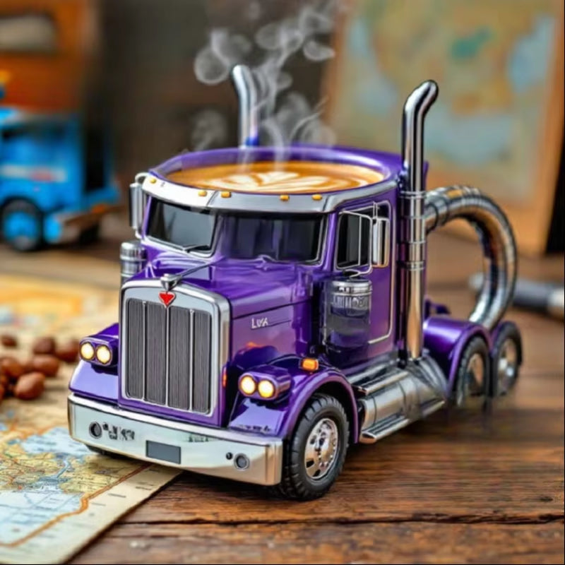 Creative truck design coffee mug with semi-trailer shape, 11-ounce capacity, handcrafted ceramic. Ideal for coffee and truck lovers.