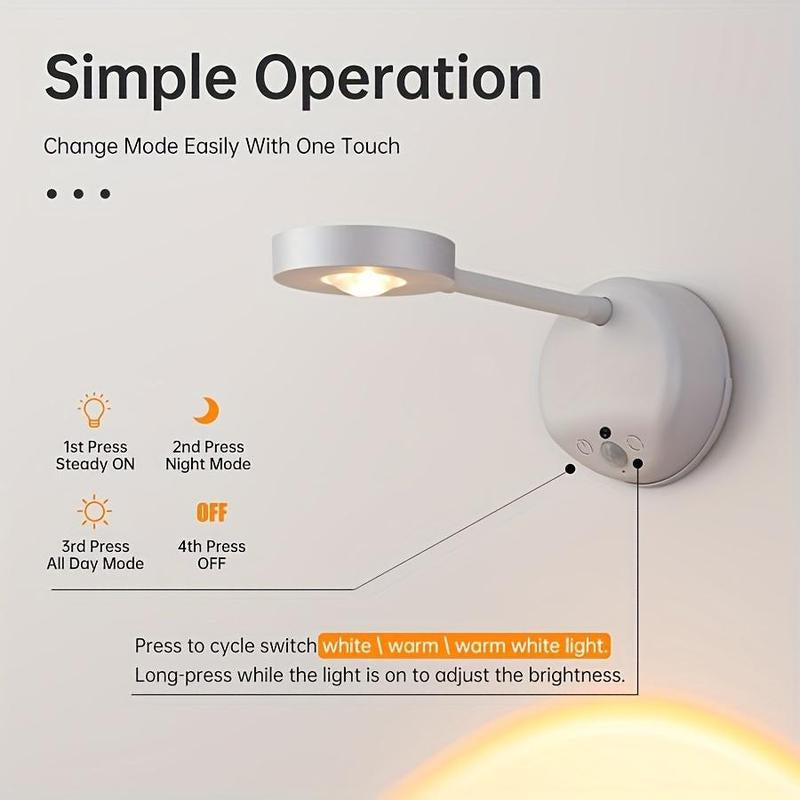 Rechargeable motion sensor LED wall light with simple operation and touch mode settings.