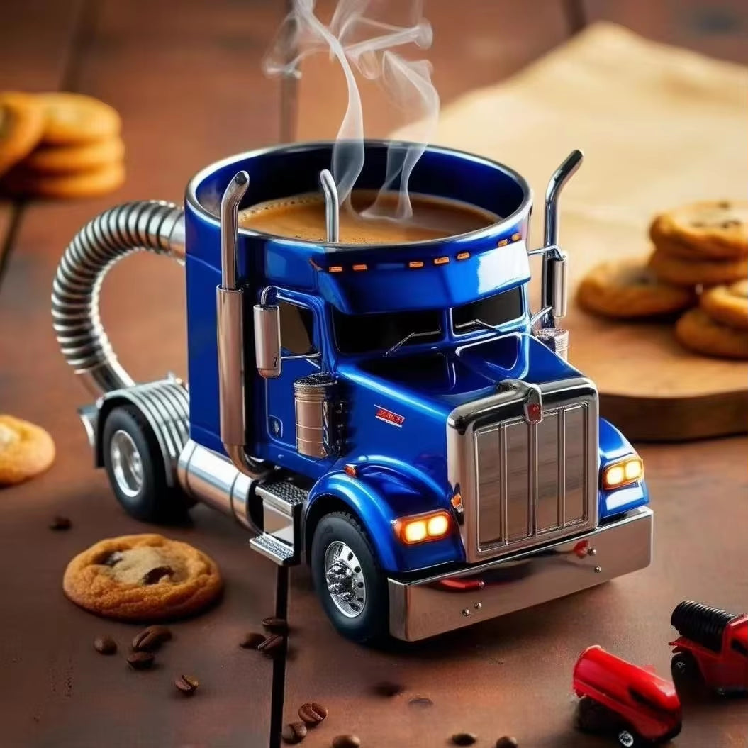 Creative truck design coffee mug in blue, 11 ounces, with semi-trailer shape, ideal for home kitchen décor.