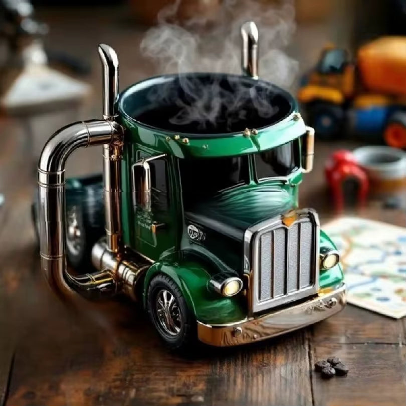 Creative truck design coffee mug with semi-trailer shape, 11-ounce capacity, handcrafted ceramic.