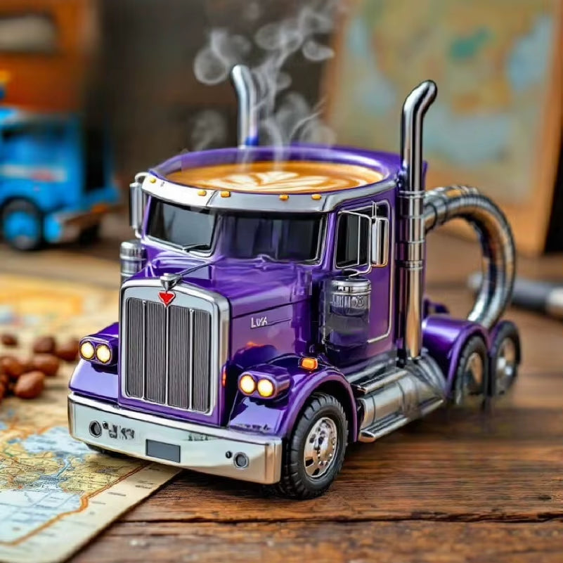 Creative truck design coffee mug with semi-trailer shape, perfect for truck lovers, 11-ounce capacity, durable ceramic.