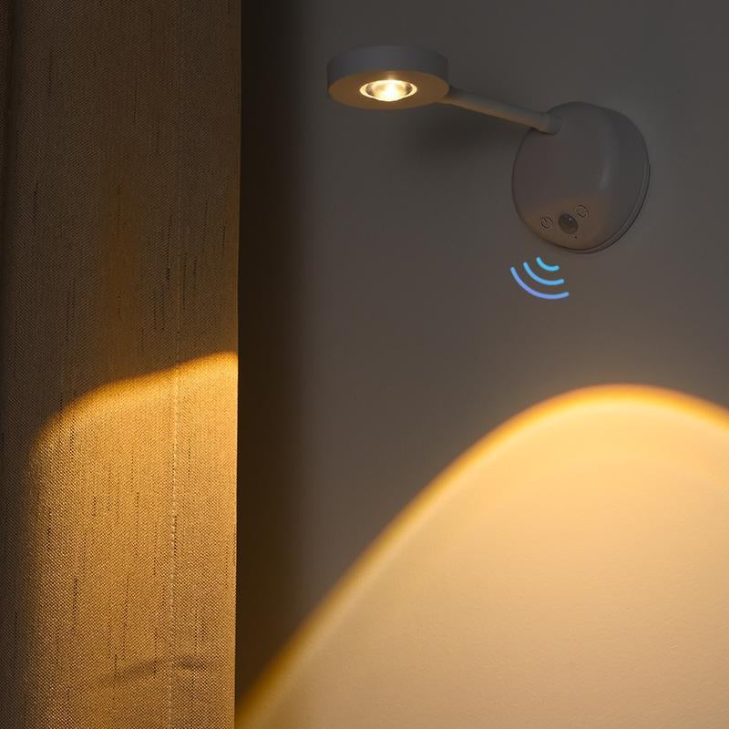 Rechargeable motion sensor LED wall light illuminating a room.