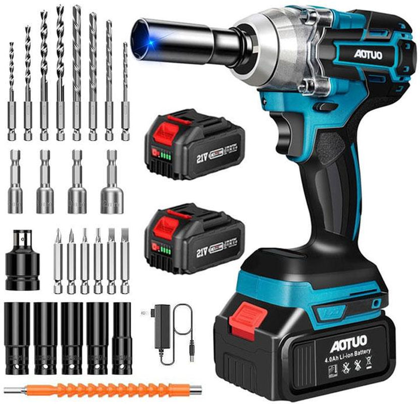 21V cordless impact wrench set with drill bits, sockets, two 5.5Ah batteries, and charger in a compact tool box.