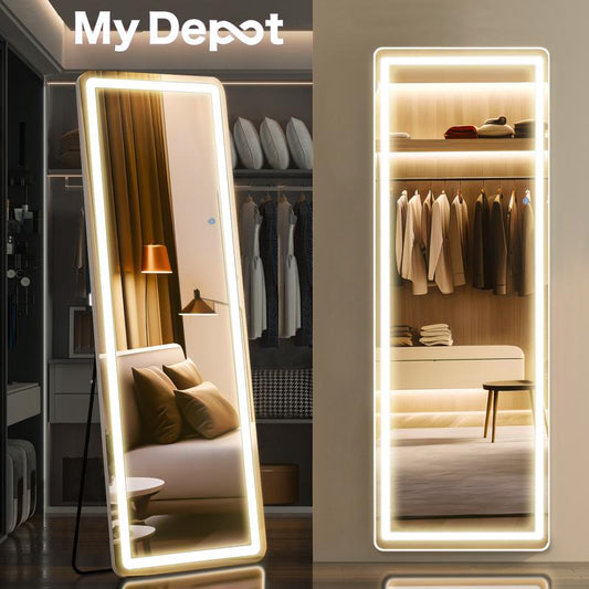 【Black Friday】Mirror Full Length Standing with LED Lights, 64"X21" Floor Mirror with Stand, W/Dimming & 3 Color Lighting, Wall Mirror Aluminum Alloy