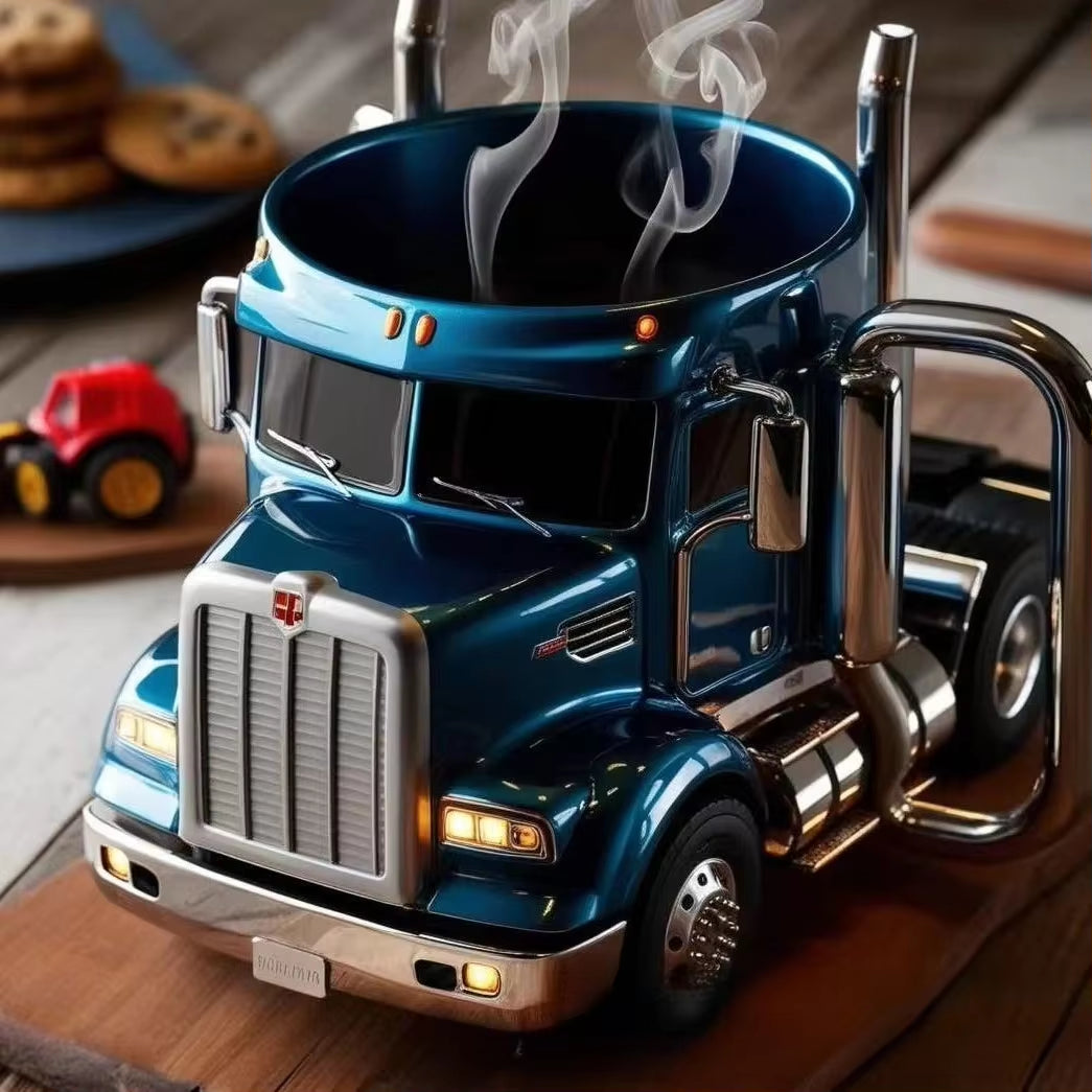 Creative truck design coffee mug with semi-trailer shape, 11-ounce capacity, handcrafted ceramic.