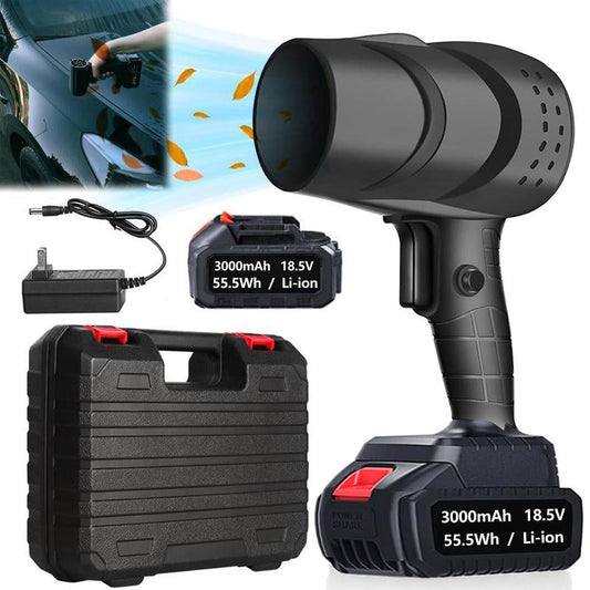 Turbo Jet Blower, cordless handheld blower with battery and charger, ideal for car dust removal and outdoor grilling.