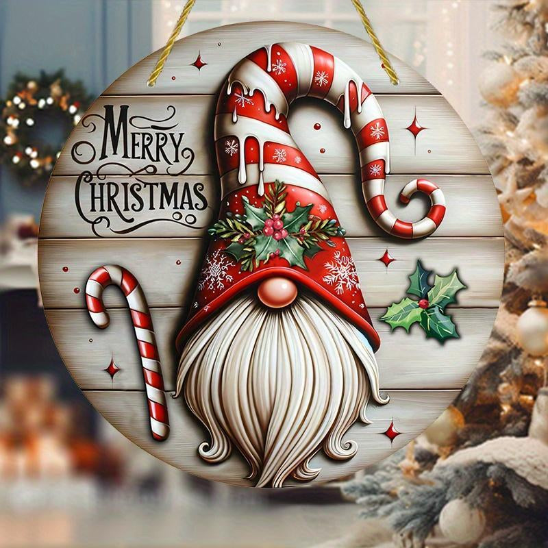 Wooden Christmas Dwarf Pattern Door Sign, 1 Count round Sign, Hanging Decor for Yard Door Wall, Ideal Christmas Decoration