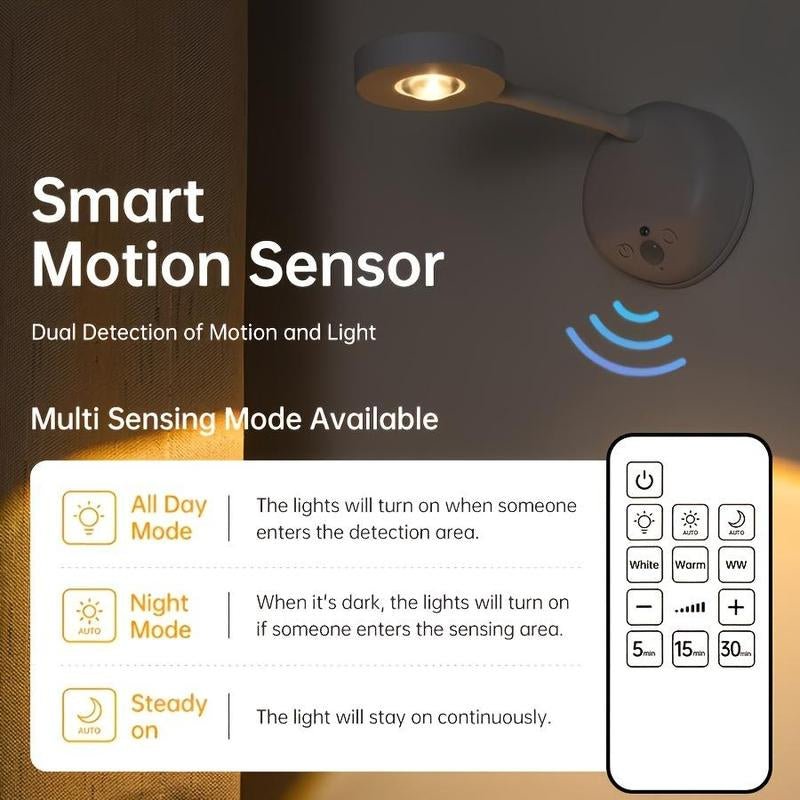 Wireless rechargeable motion sensor LED wall lamp with smart detection modes.