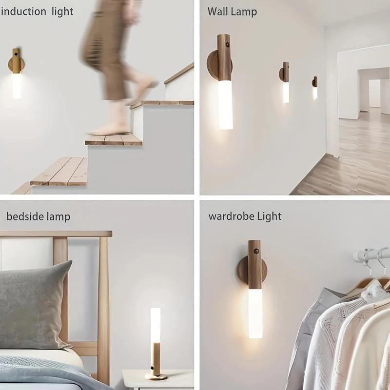 USB Rechargeable Smart Sensor Night Light used as wall lamp, bedside lamp, and wardrobe light in various settings.